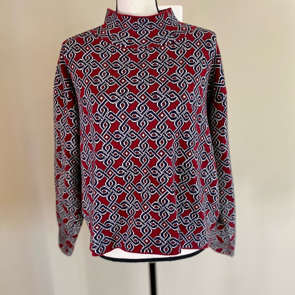 Anthropologie Red and Blue Geometric Long Sleeve Top